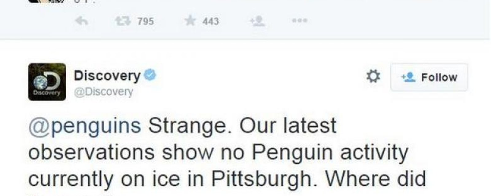 The Discovery Channel just owned the Pittsburgh Penguins on Twitter.