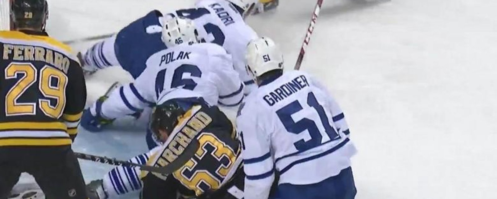 Nazem Kadri levels Brad Marchand with a big hit.