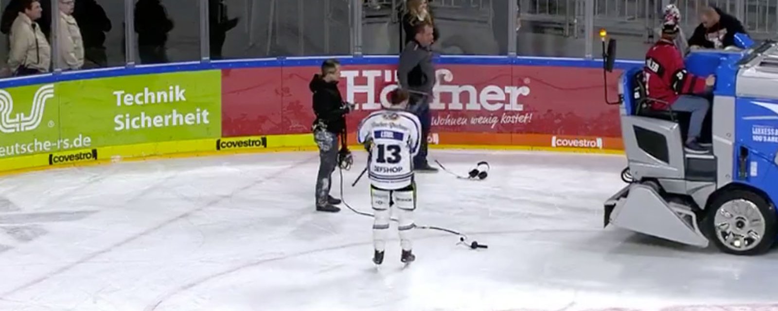Player nearly gets run over by Zamboni in shocking intermission crash! 