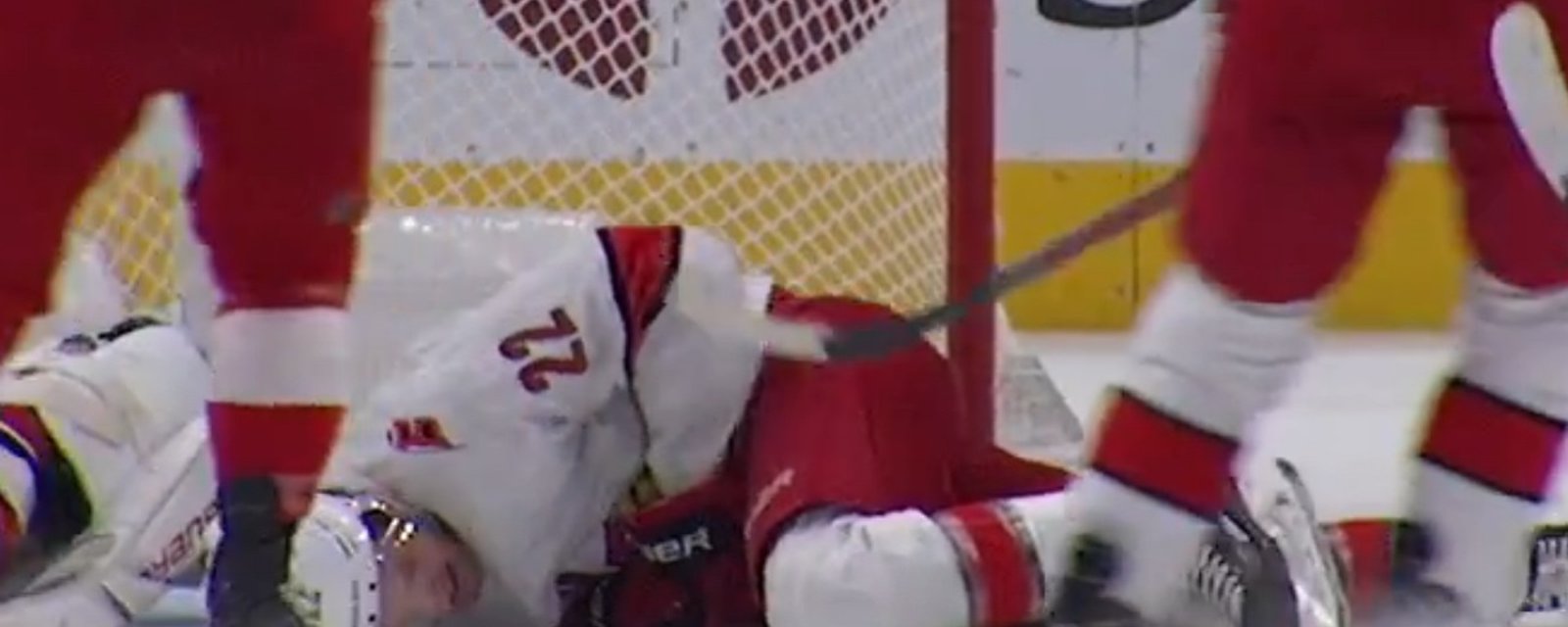 Brett Pesce goes down after taking a slapshot right in the jewels!