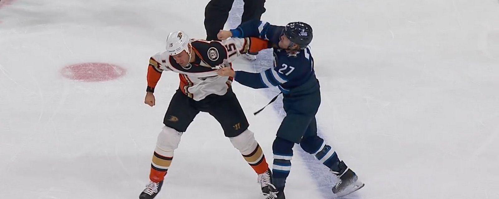Nikolaj Ehlers drops the gloves with Ryan Getzlaf.