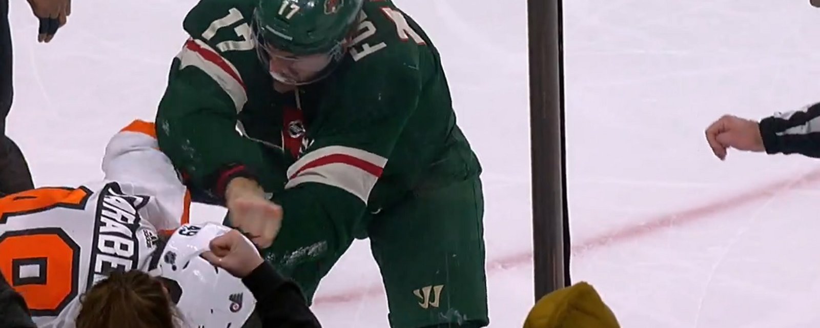 Marcus Foligno destroys rookie Joel Farabee for daring to challenge him.