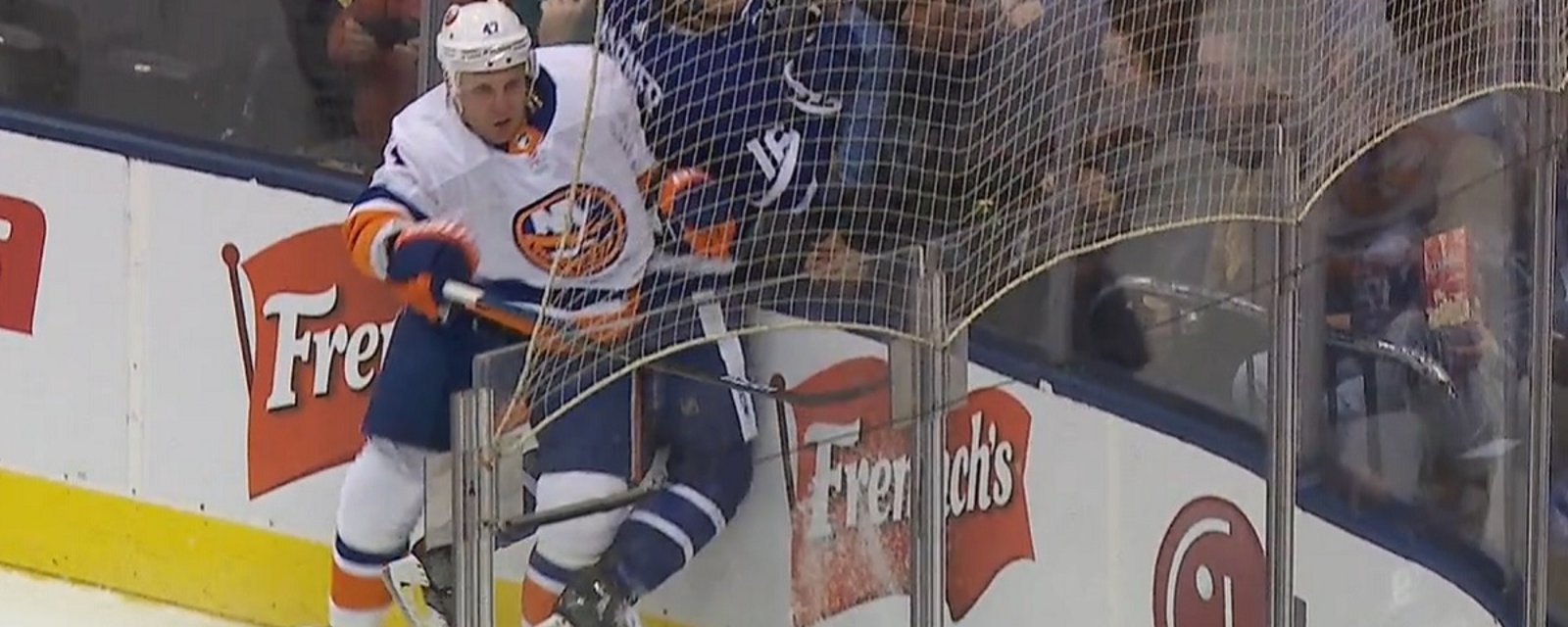 Leo Komarov hits former teammate Mitch Marner right in the numbers.