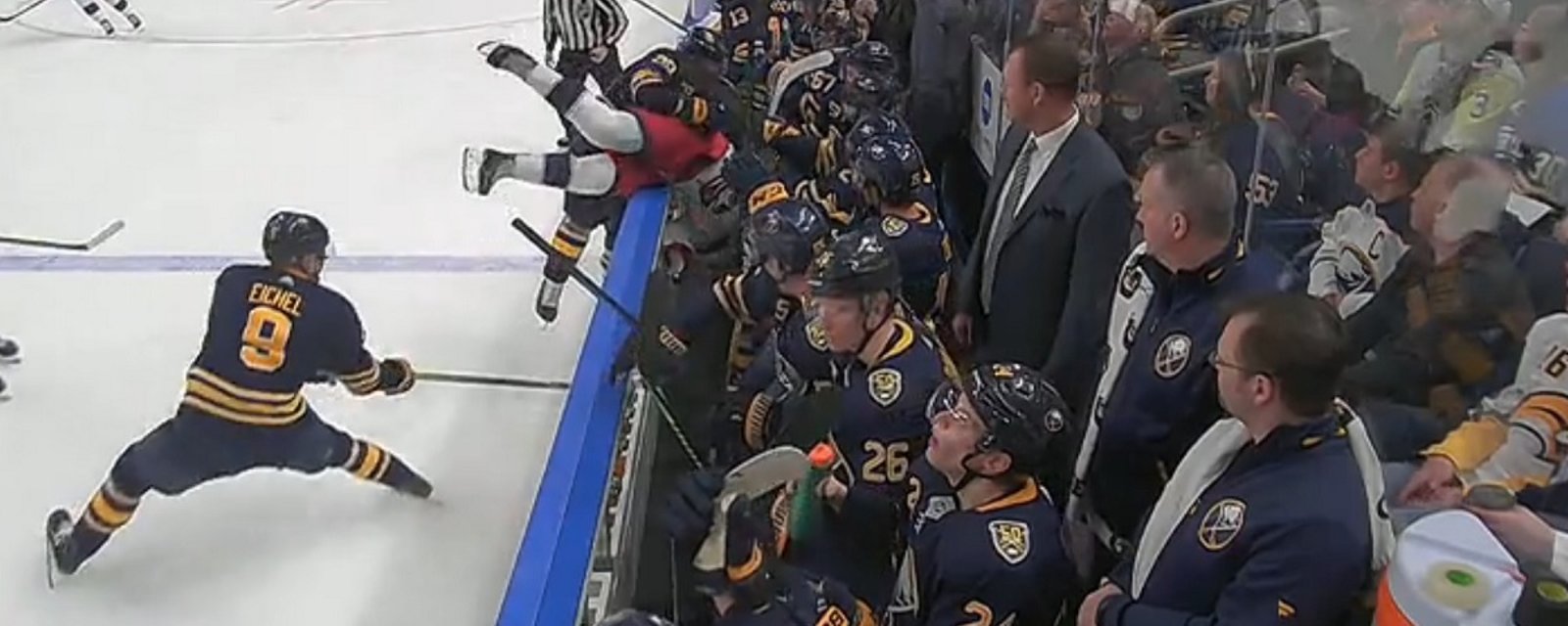 Zemgus Girgensons dumps Vladislav Gavrikov into the wrong bench!