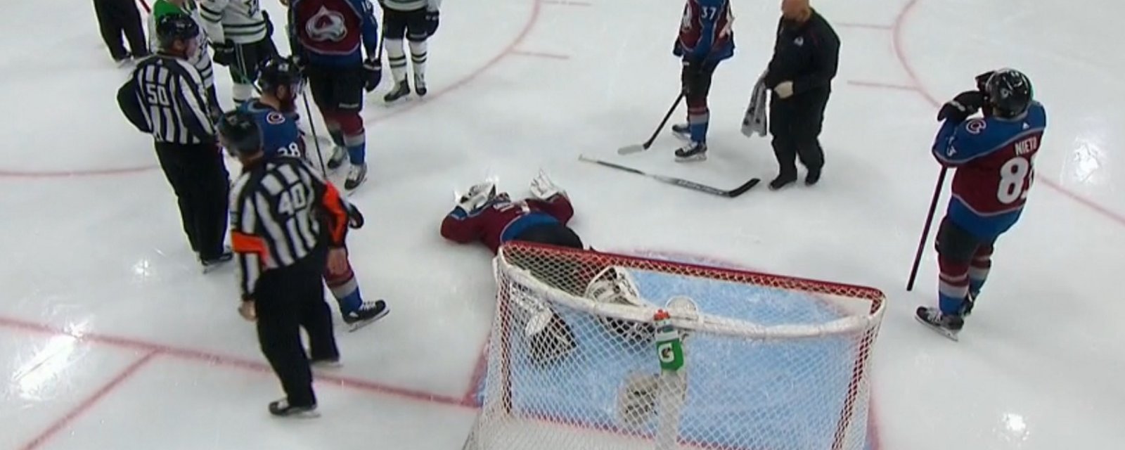 Philipp Grubauer carried off the ice after suffering a serious looking injury.