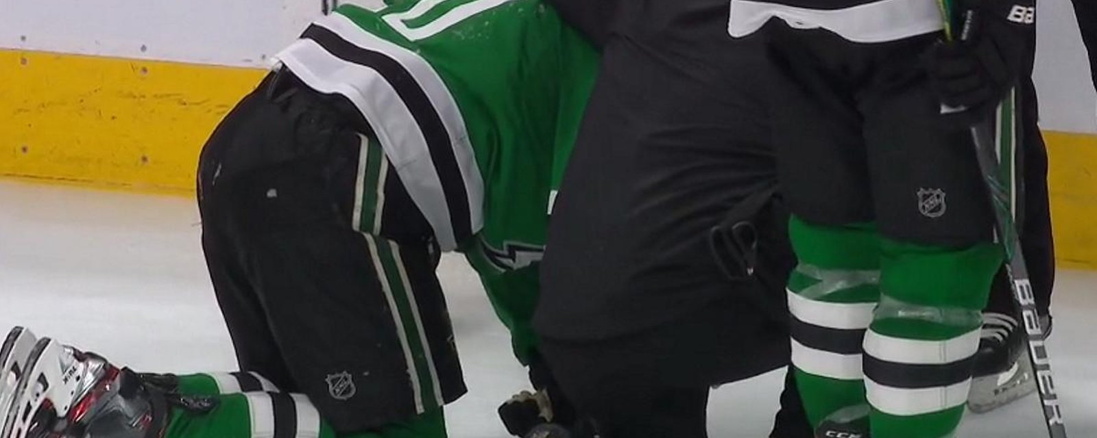 Nathan MacKinnon takes out Corey Perry with a high hit.