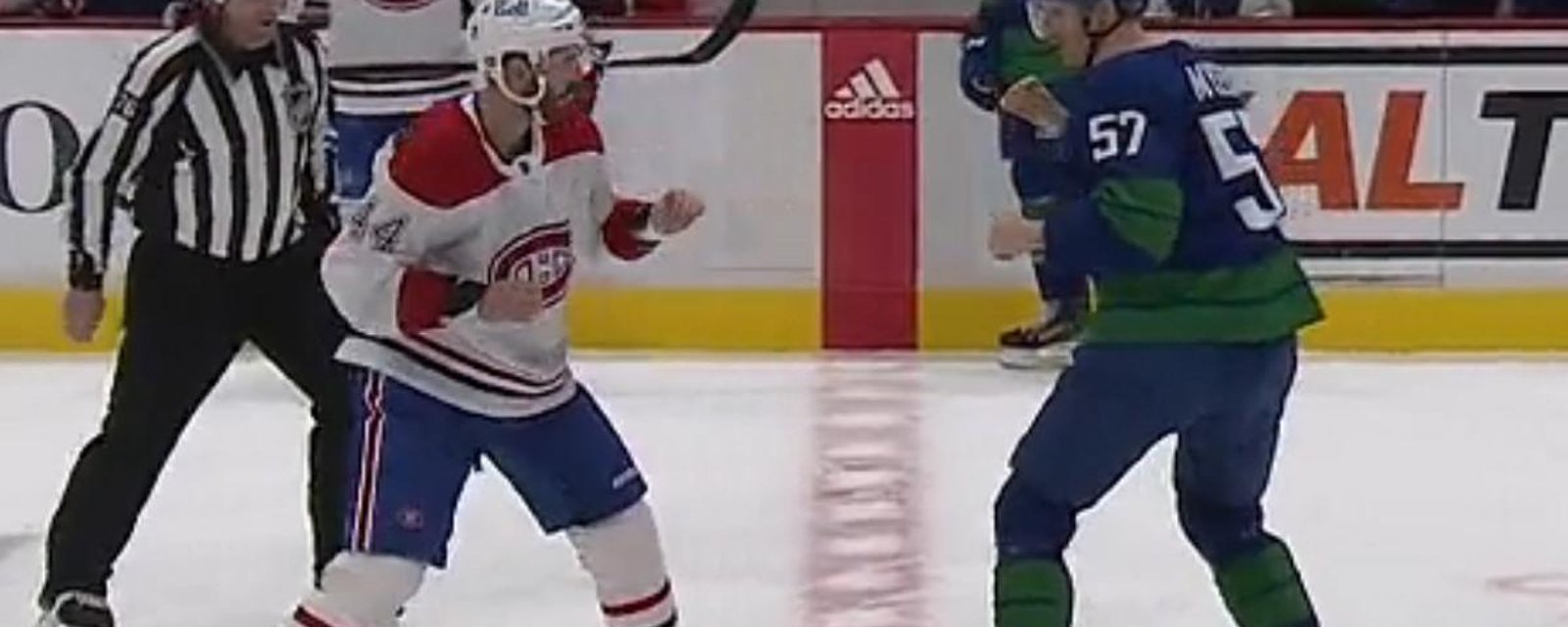 Joel Edmundson and Tyler Myers go toe to toe in the first.