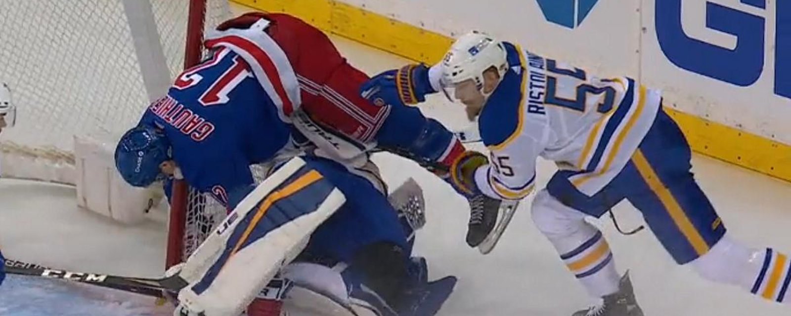Carter Hutton injured after being run over in net.