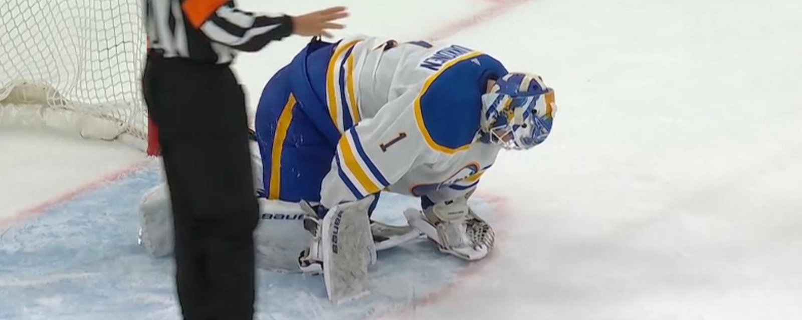 Goaltender Ukko-Pekka Luukkonen goes down with an injury.