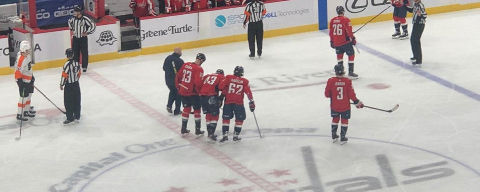 Breaking: Tom Wilson injured in knee on knee collision!