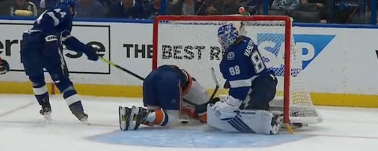 Mathew Barzal goes head first into the net to score the first goal of the third round.