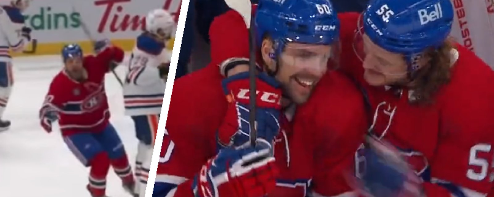 Moment touchant entre Michael Pezzetta et Alex Belzile après le premier but de ce dernier 