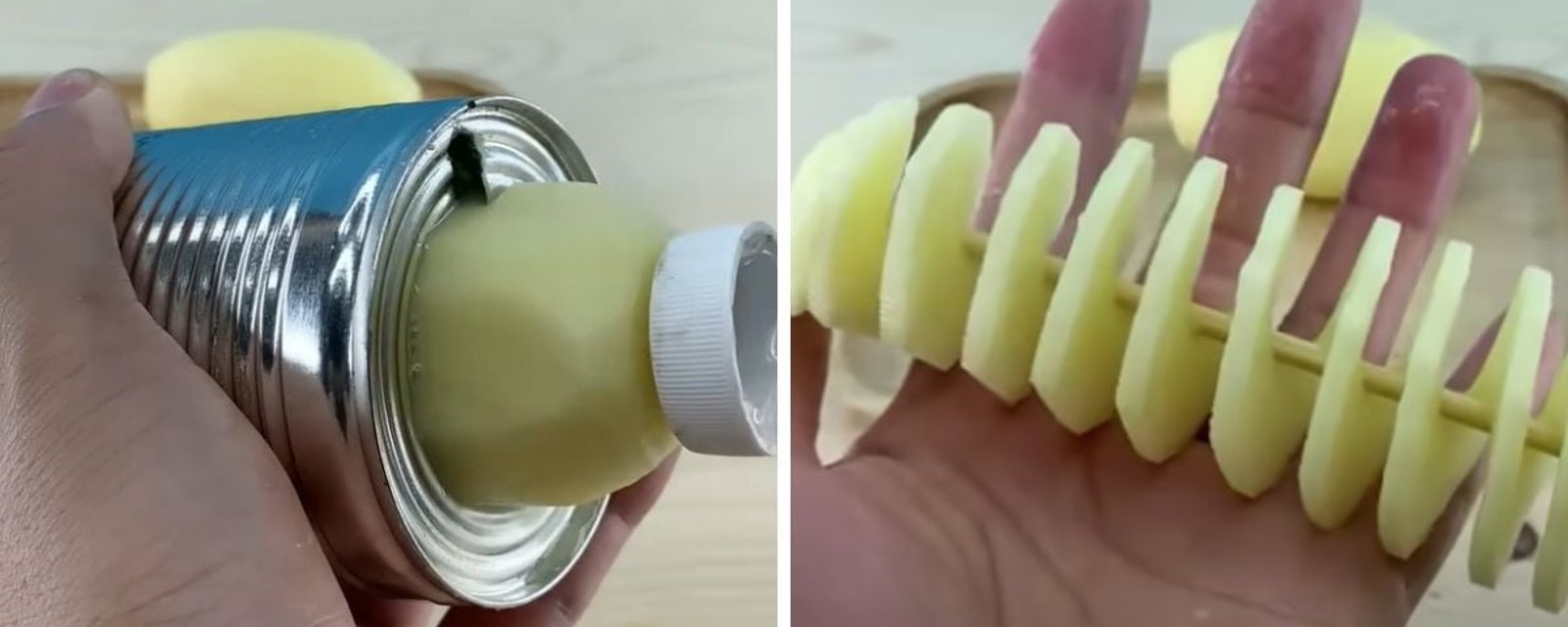 Un bricoleur  montre comment fabriquer un coupe-pomme de terre en spirale avec une simple boîte de conserve 