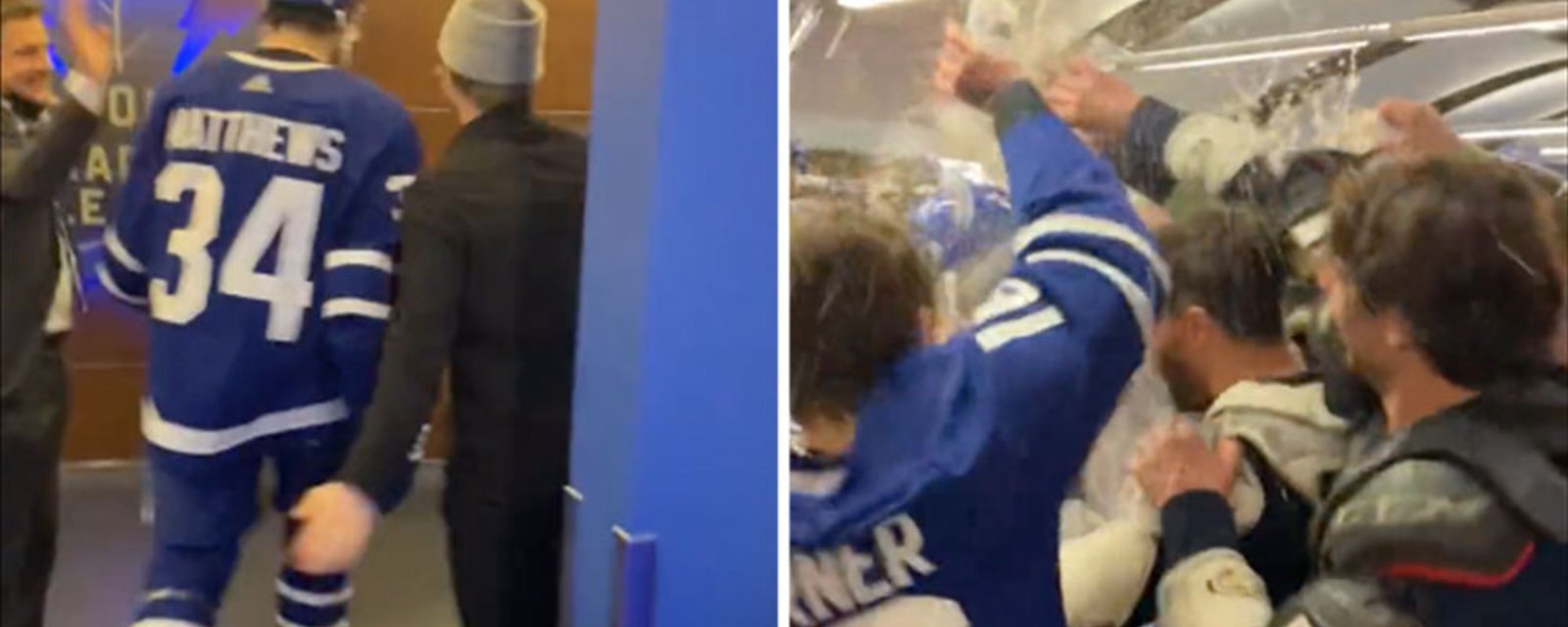 Leafs celebrate in the locker room after Auston Matthews scores his 50th goal of the season
