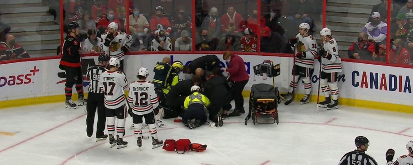 Stretcher comes out for Connor Murphy who appears badly injured.