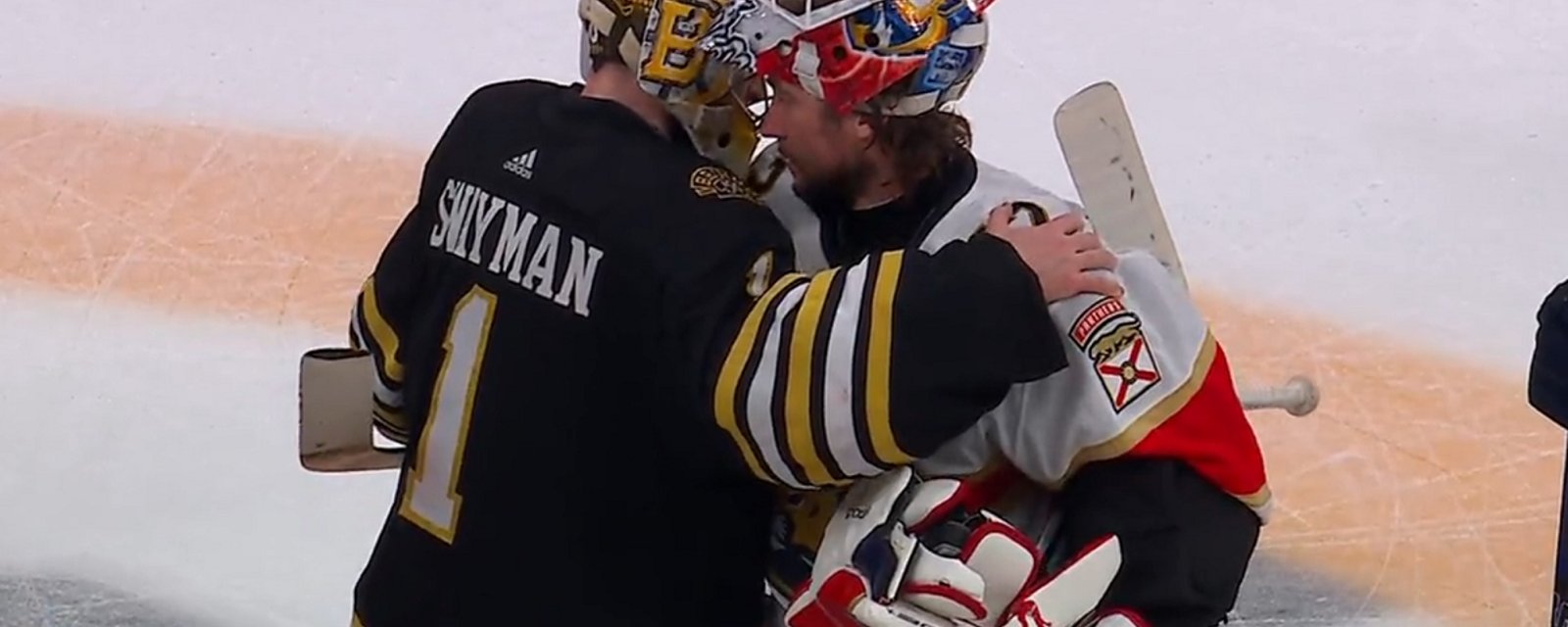 Jeremy Swayman acknowledged by Panthers in handshake line.
