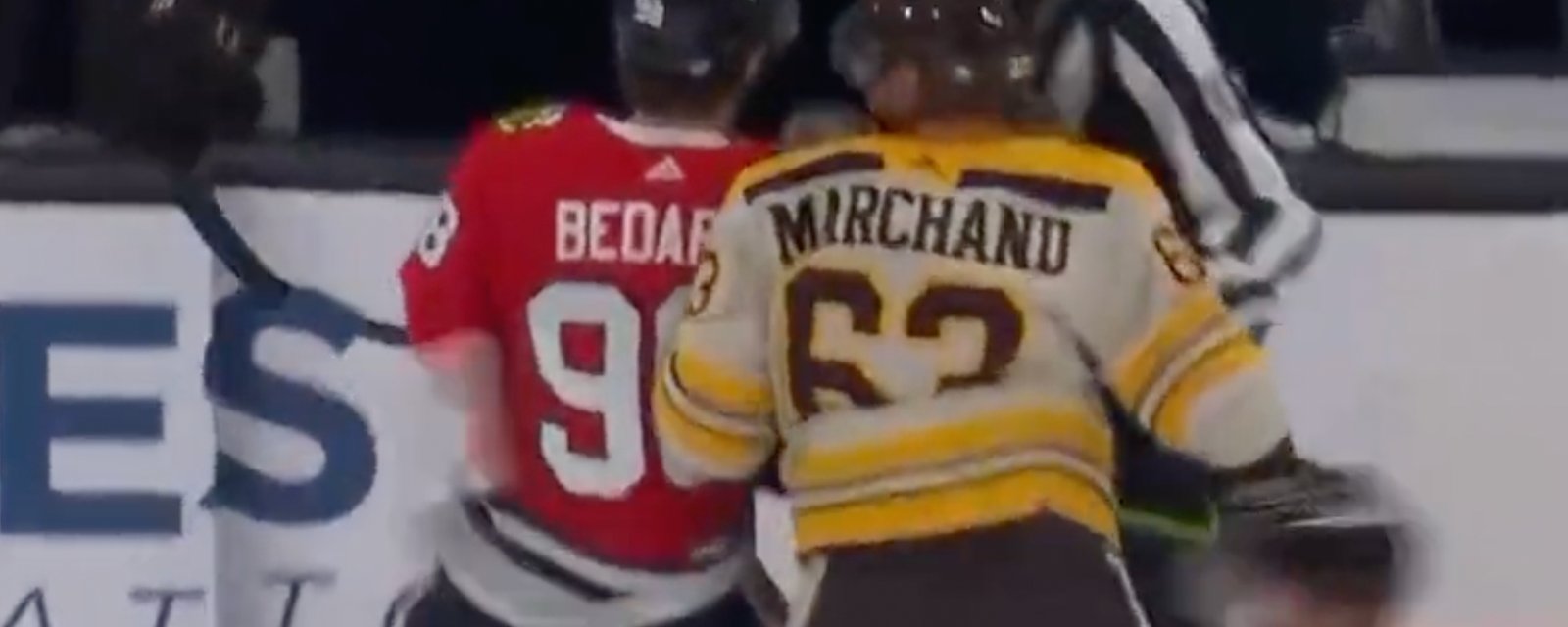 Brad Marchand goes after Connor Bedard after his first NHL goal