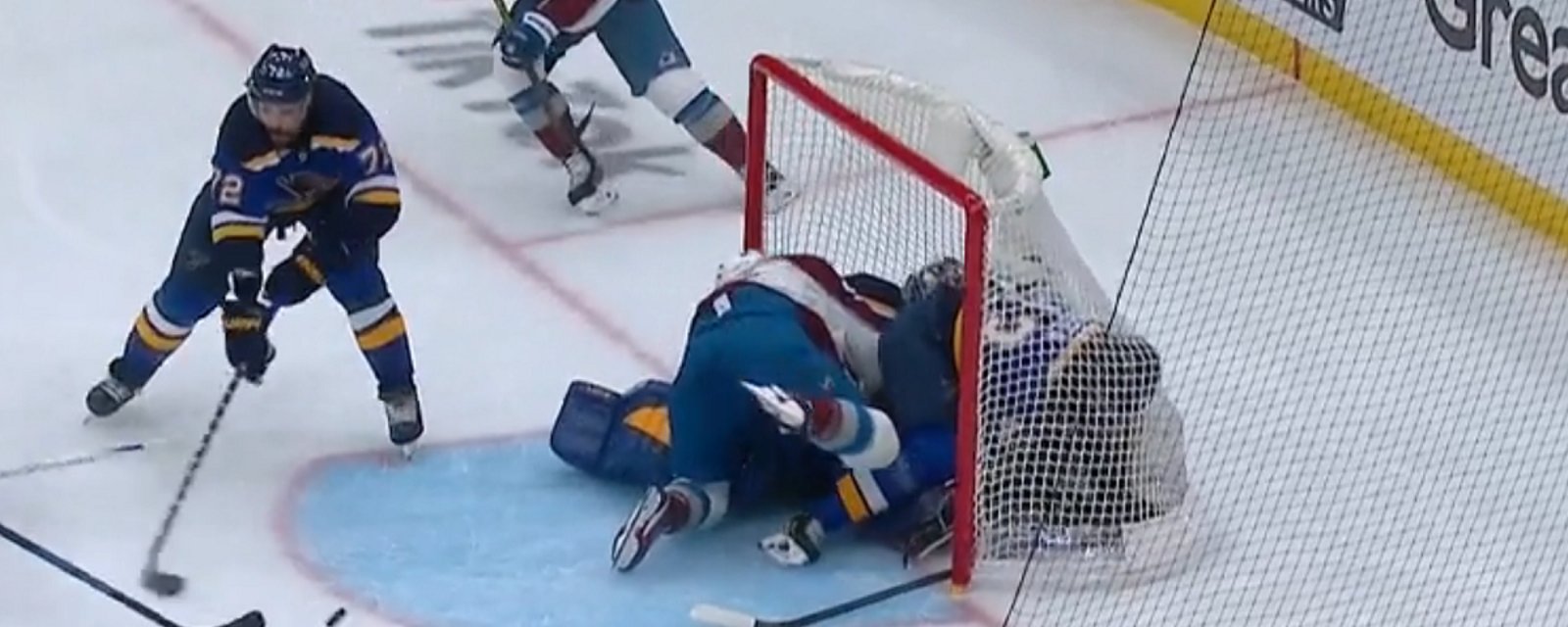 Jordan Binnington injured in collision with Nazem Kadri in Game 3.