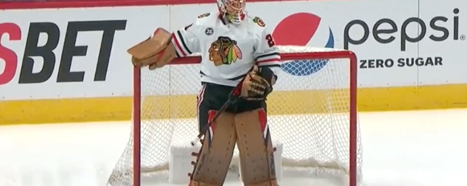 Fleury laughs and then thanks his goal post after shot rings off the bar