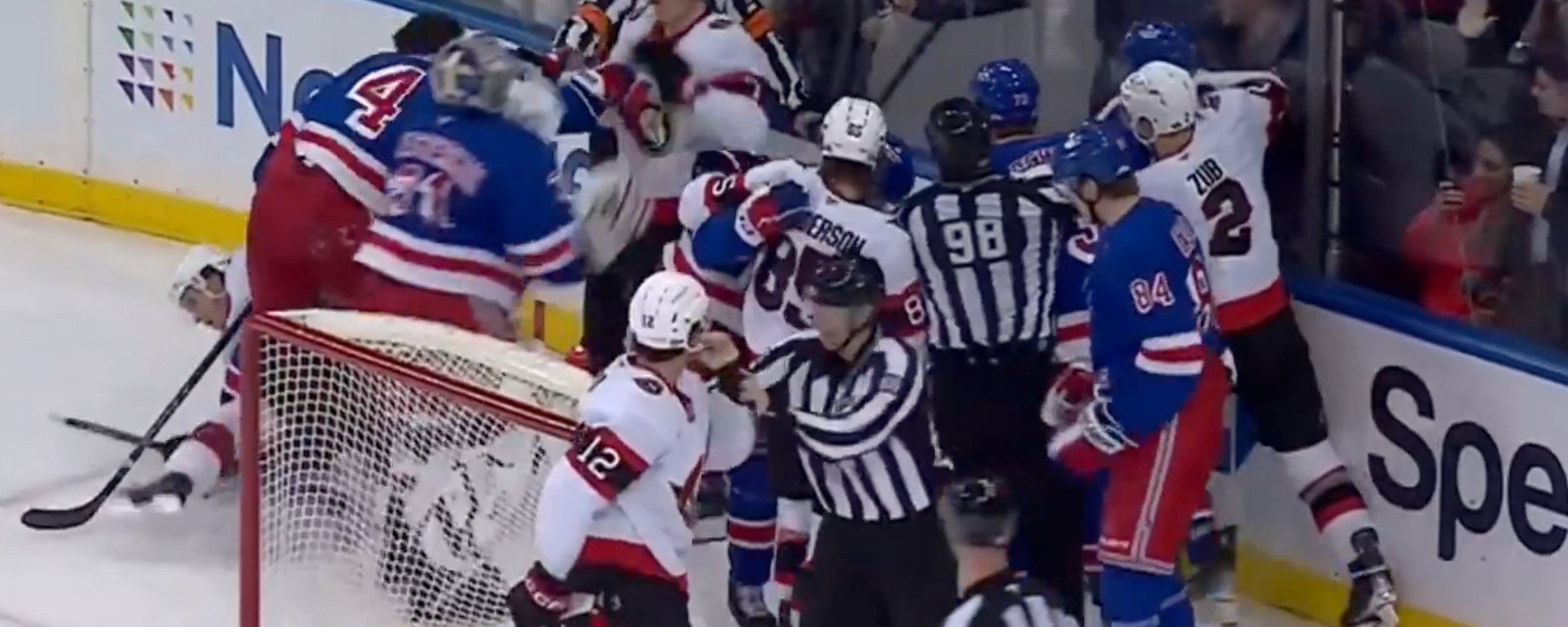 Goalie Igor Shesterkin jumps in the pile and goes after Brady Tkachuk!