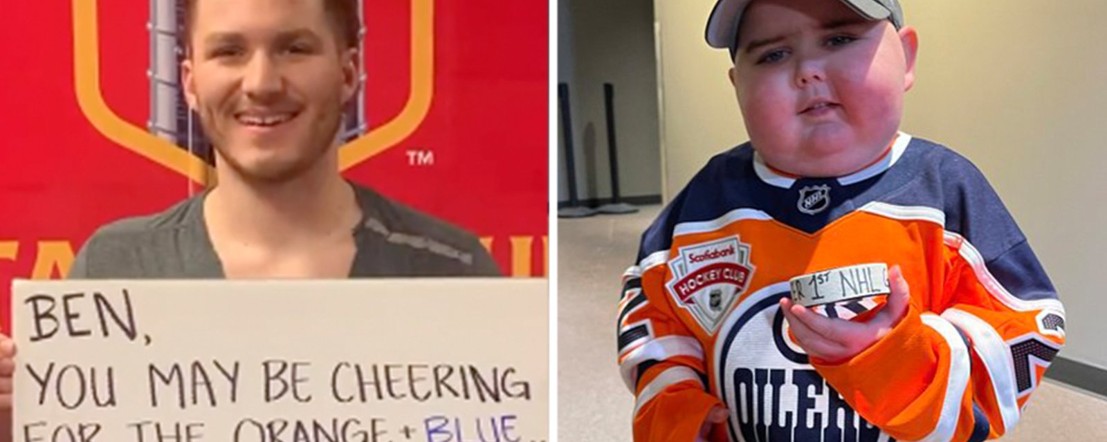 Matthew Tkachuk puts rivalries aside to cheer on Oilers superfan Ben Stelter
