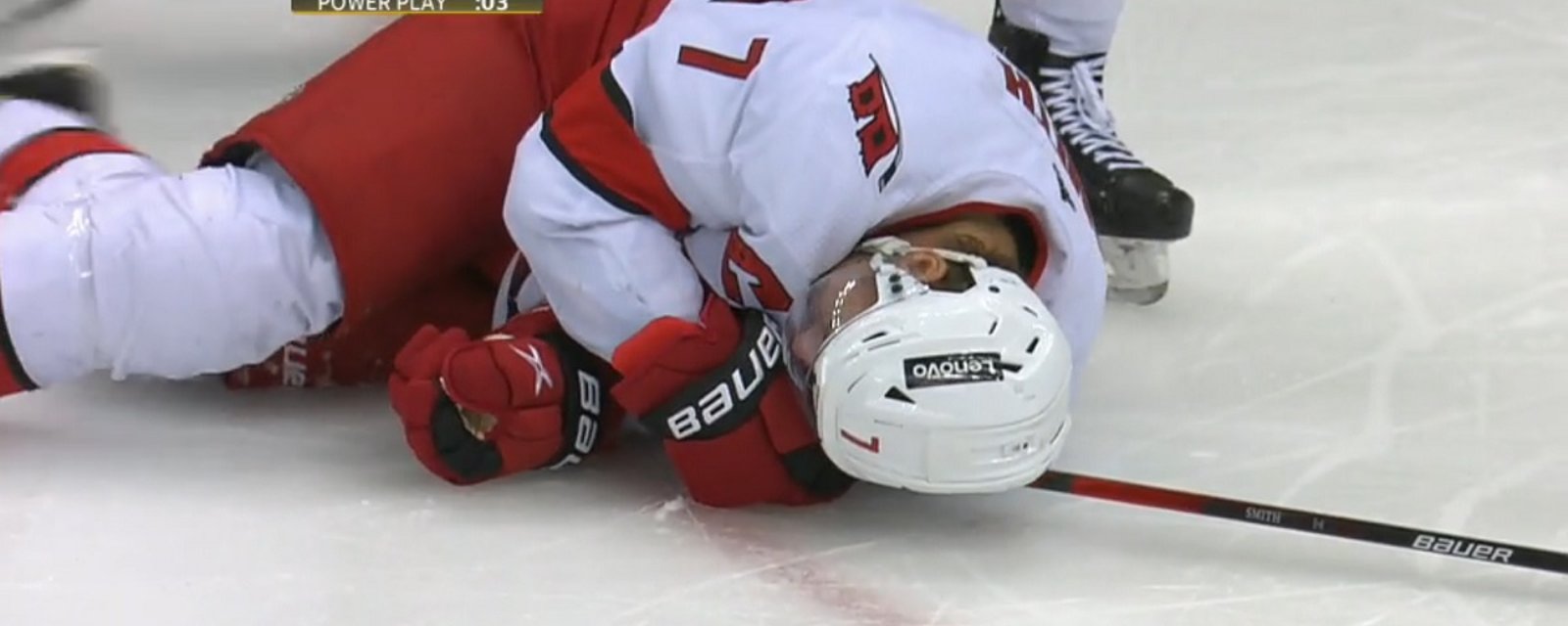 Brendan Smith transported to hospital after taking a puck to the head.