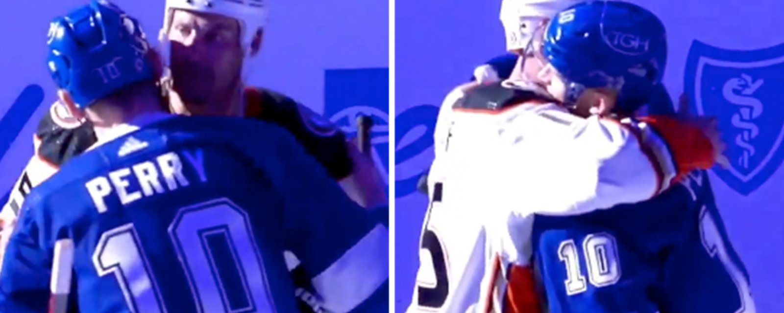 Lightning line up to shake Ryan Getzlaf's hand in the final game he plays against Corey Perry