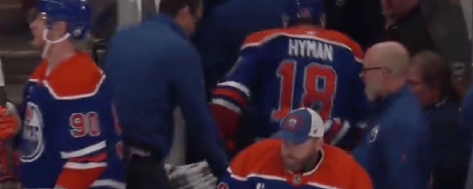Zach Hyman leaves Game 4 after taking a hard hit from Mason Marchment