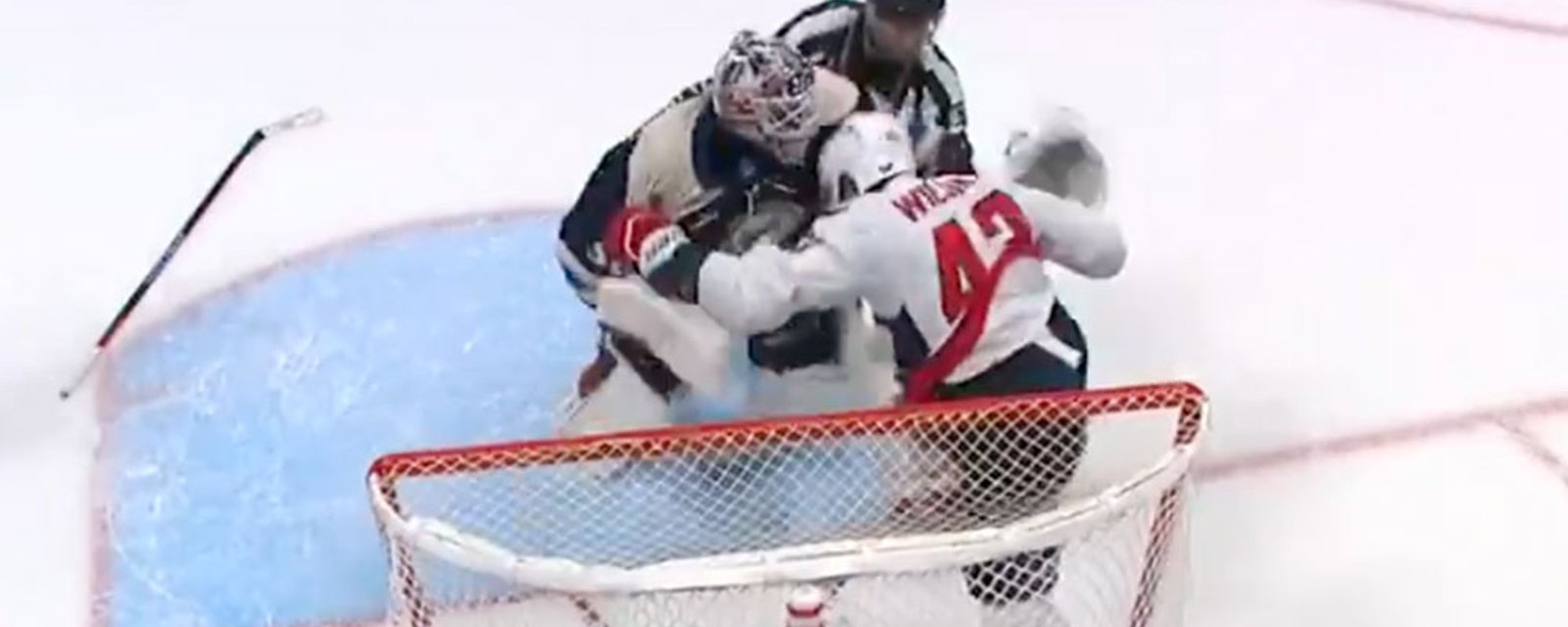 Elvis Merzlikins goes after Tom Wilson and gets absolutely clocked