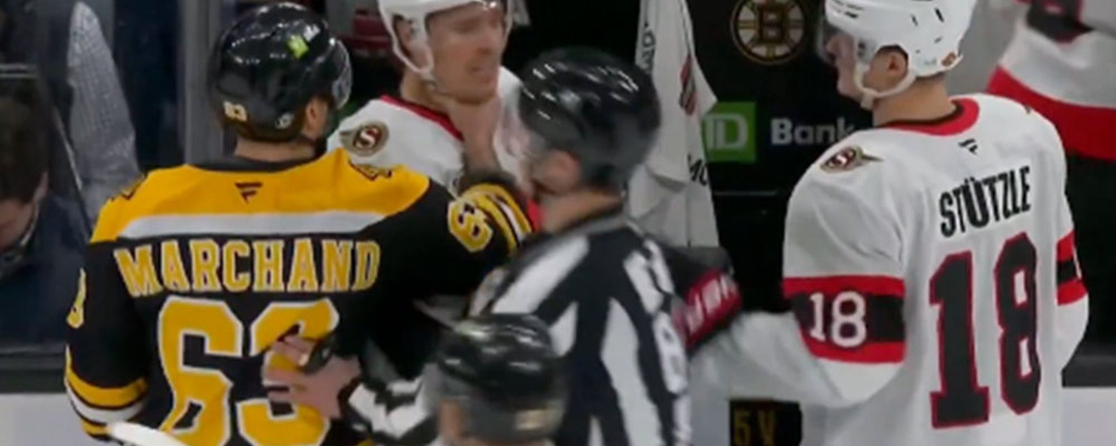 Brad Marchand takes off his glove and literally grabs Nick Cousins by the throat!