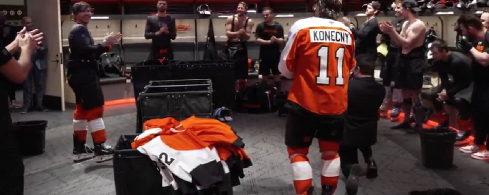 Flyers take shot at Cutter Gauthier in post-game celebration.