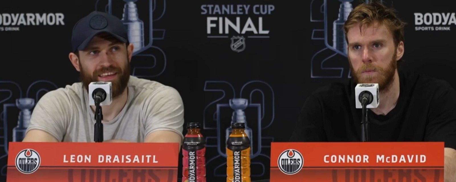 Evan Bouchard catches a stray from Leon Draisaitl on Sunday.