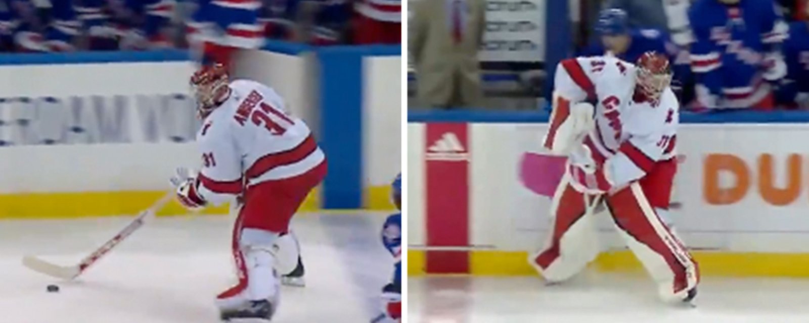 Freddie Andersen dances through the neutral zone, dekes out the Rangers at center ice