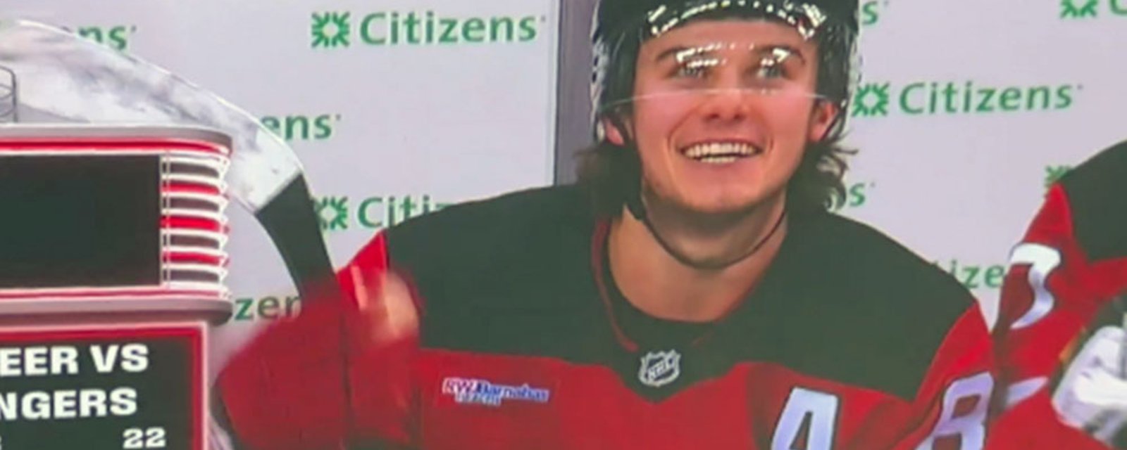 Devils jumbo-screen mocks Rangers' fans and cameras catch Jack Hughes laughing out loud