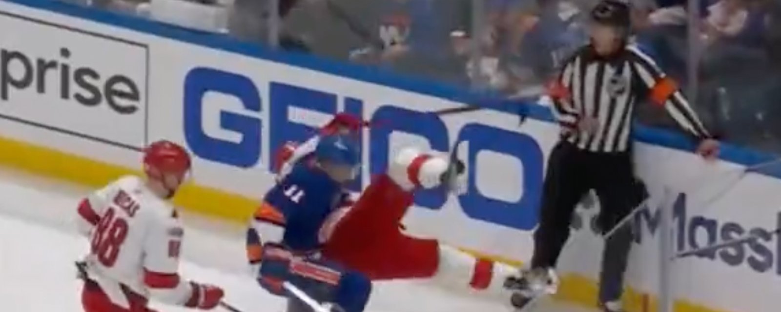 Referee TJ Luxmore takes flying skate to the leg in scary scene in New York