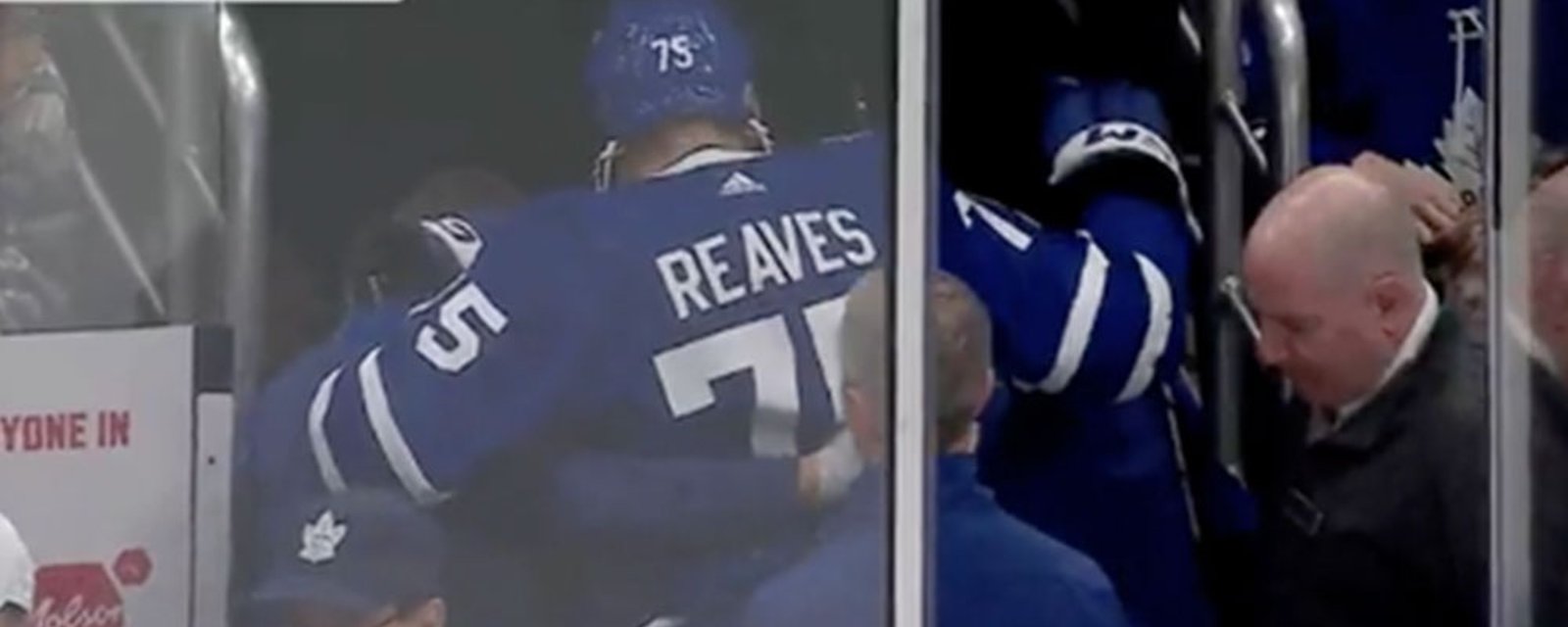 Reaves injures himself by running into the boards then falls down the stairs while leaving the rink