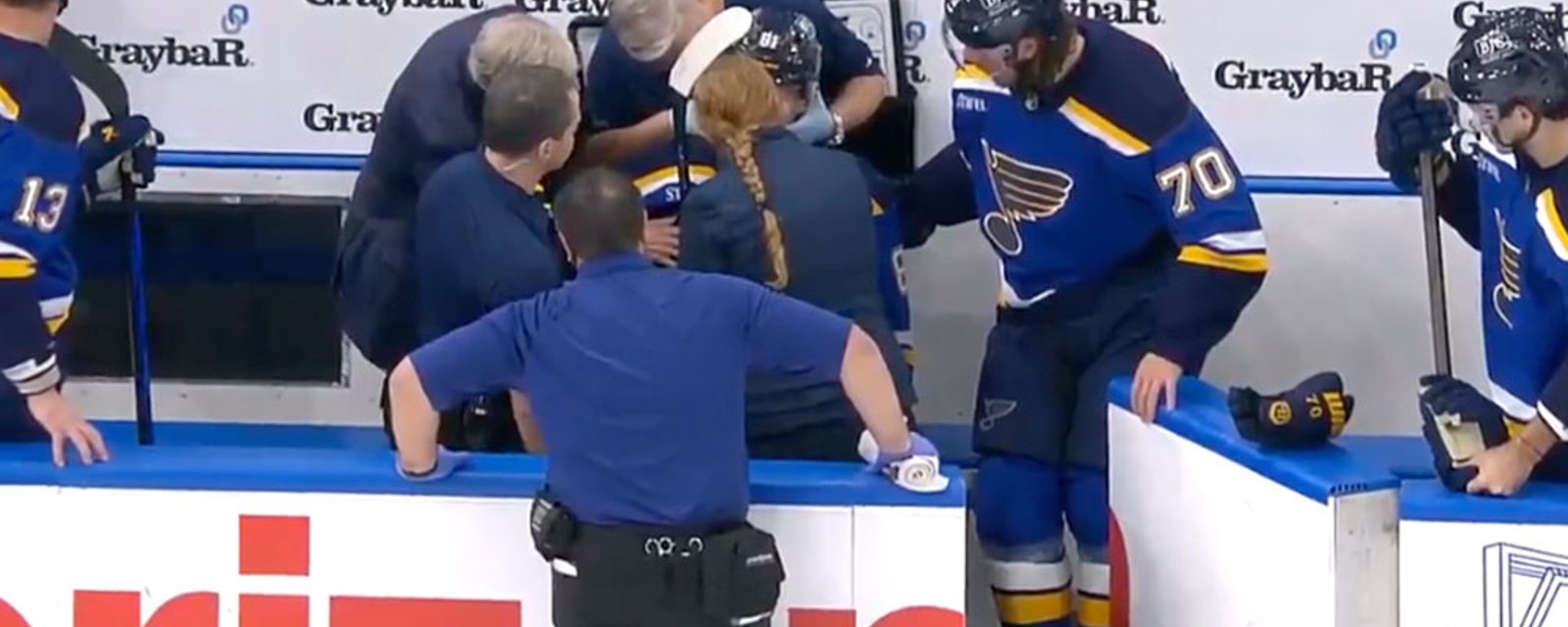 Serious medical emergency in St. Louis as Dylan Holloway collapses after blocking a shot with his throat