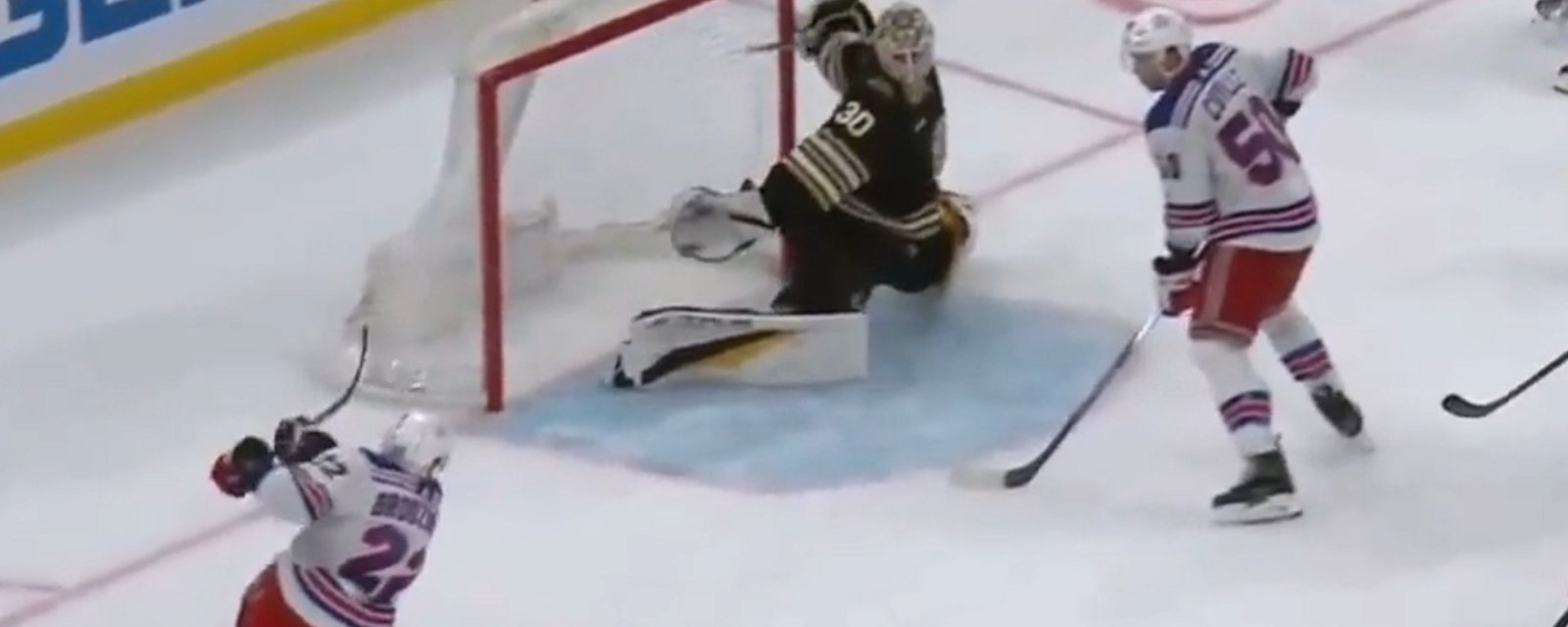 Bruins rookie Brandon Bussi robs the Rangers of a sure goal.