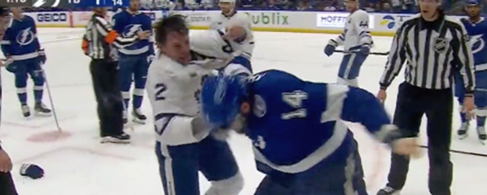 Luke Schenn drops Pat Maroon in a true heavyweight tilt!