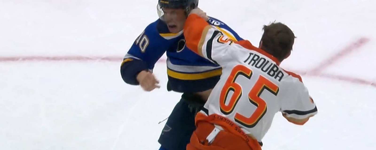 Dirty hit from Jacob Trouba leads to scrap with Brayden Schenn.