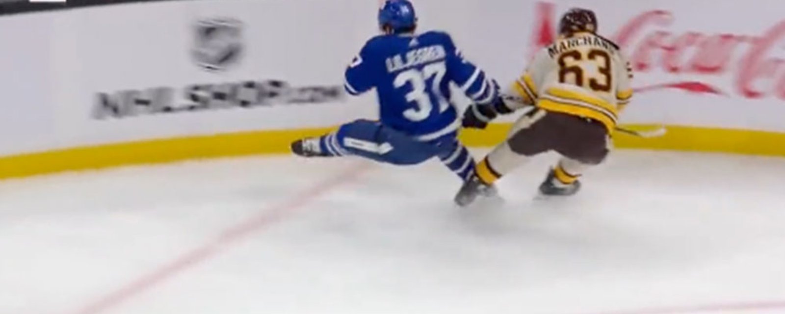 Timothy Liljegren injured on a dirty play by Brad Marchand