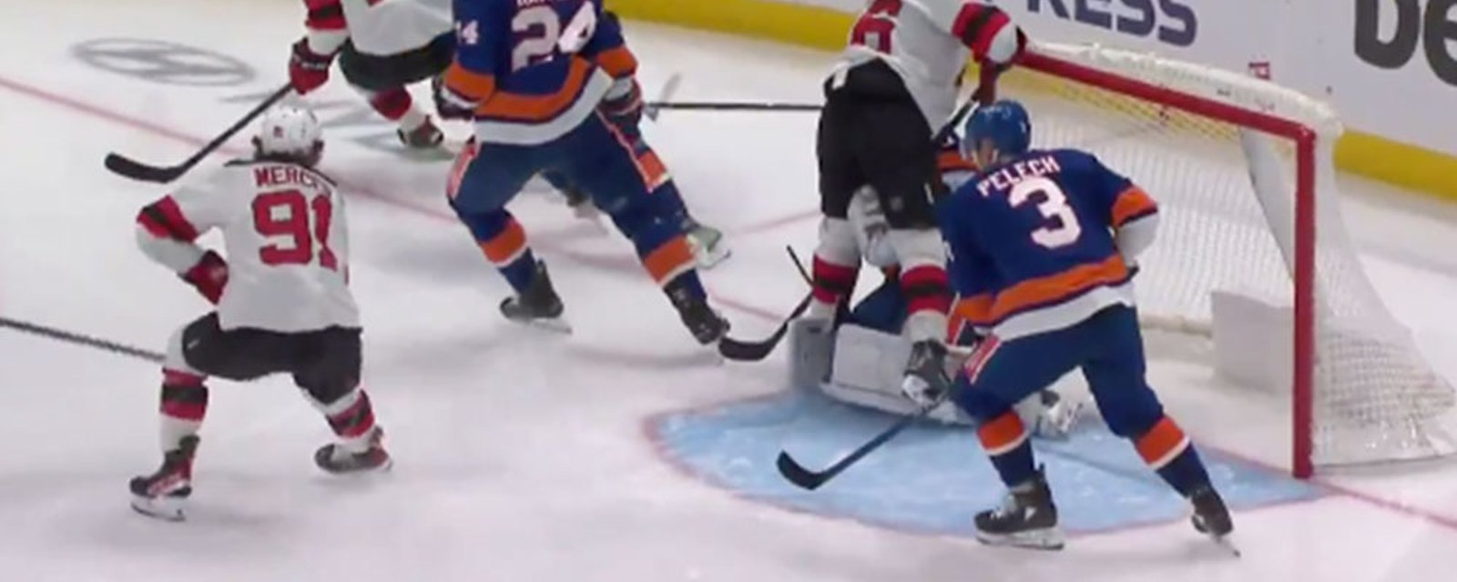 Sorokin makes a great save while “getting a lap dance”