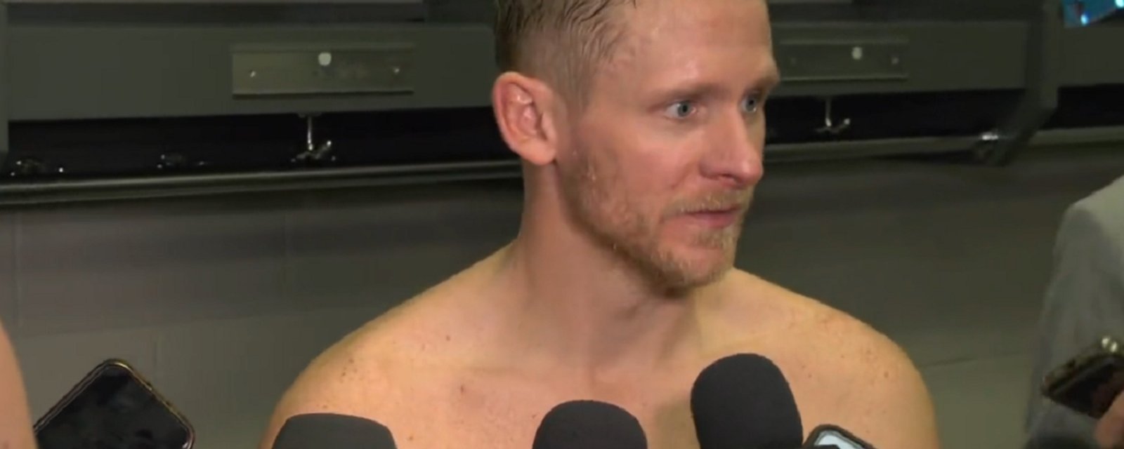 Corey Perry reacts to being cheered by fans in Montreal.
