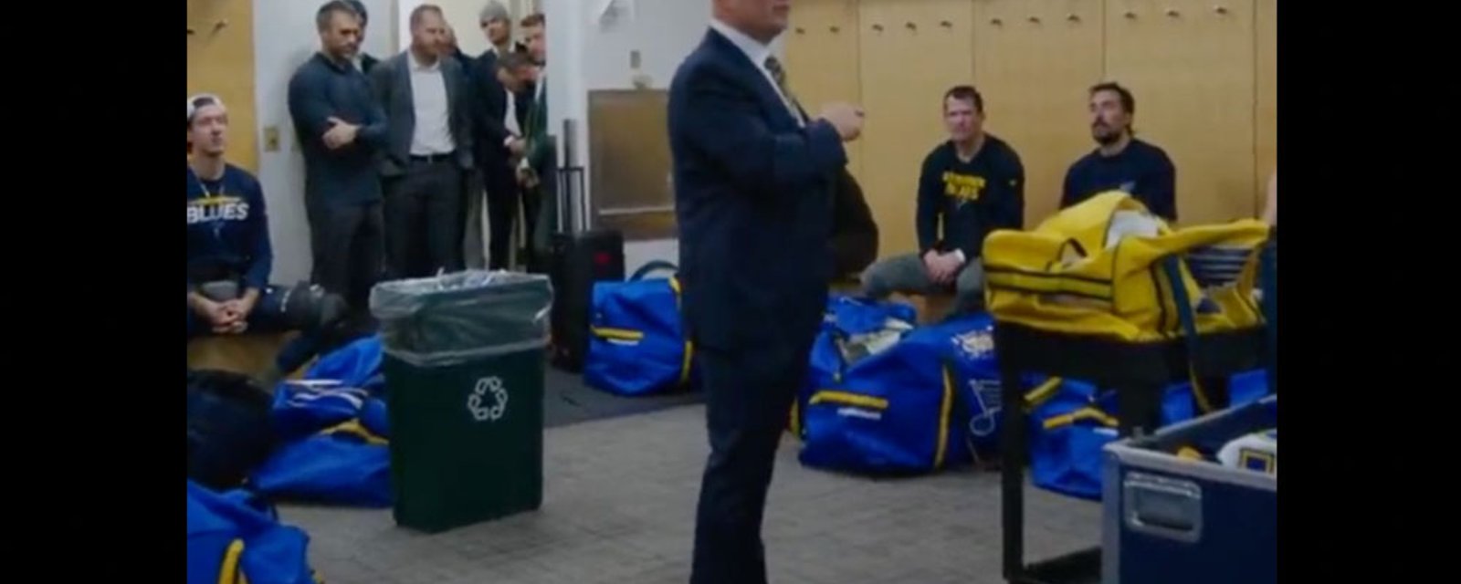 A special locker room celebrattion for Jim Montgomery's first win with the Blues