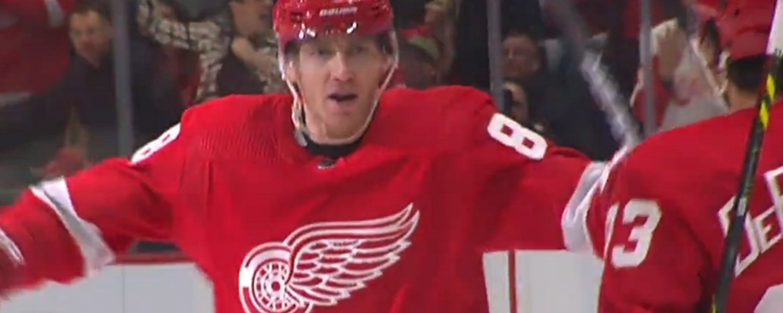 Patrick Kane scores his first goal in a Red Wings uniform.