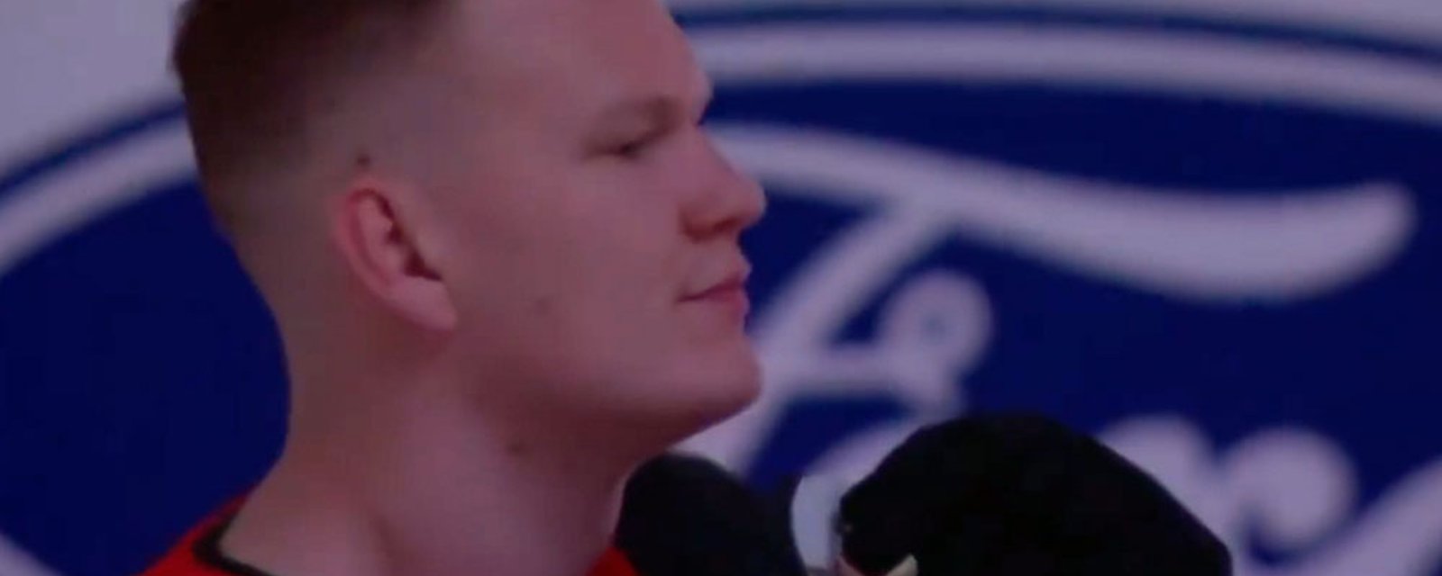 Captain Brady Tkachuk shakes his head in disgust as Senators fans boo 'The Star Spangled Banner'