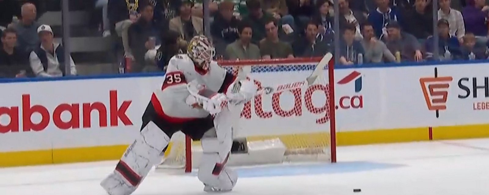 Linus Ullmark gifts Auston Matthews an easy goal.