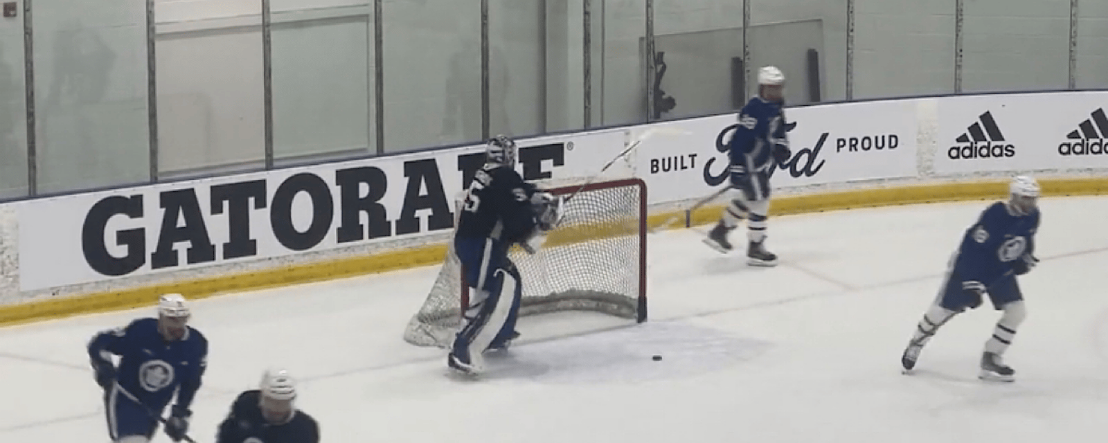 Ilya Samsonov snaps during Maple Leafs practice on Saturday.