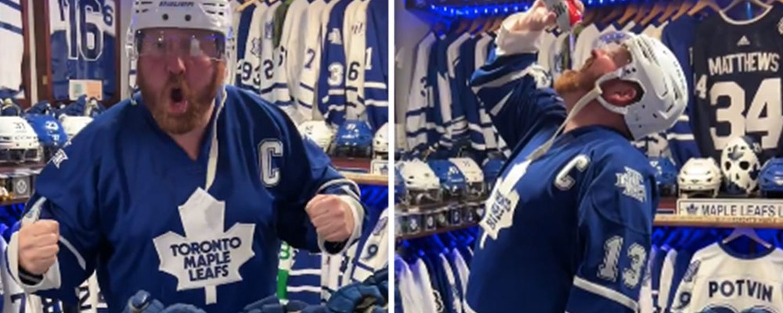 Leafs fan goes off when Knies scores, crushes beers in ultimate fan cave