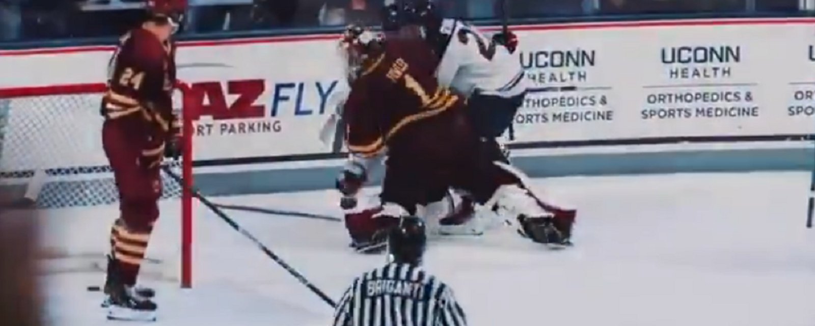 Goalie suspended after clocking player who crashed his net with his blocker.